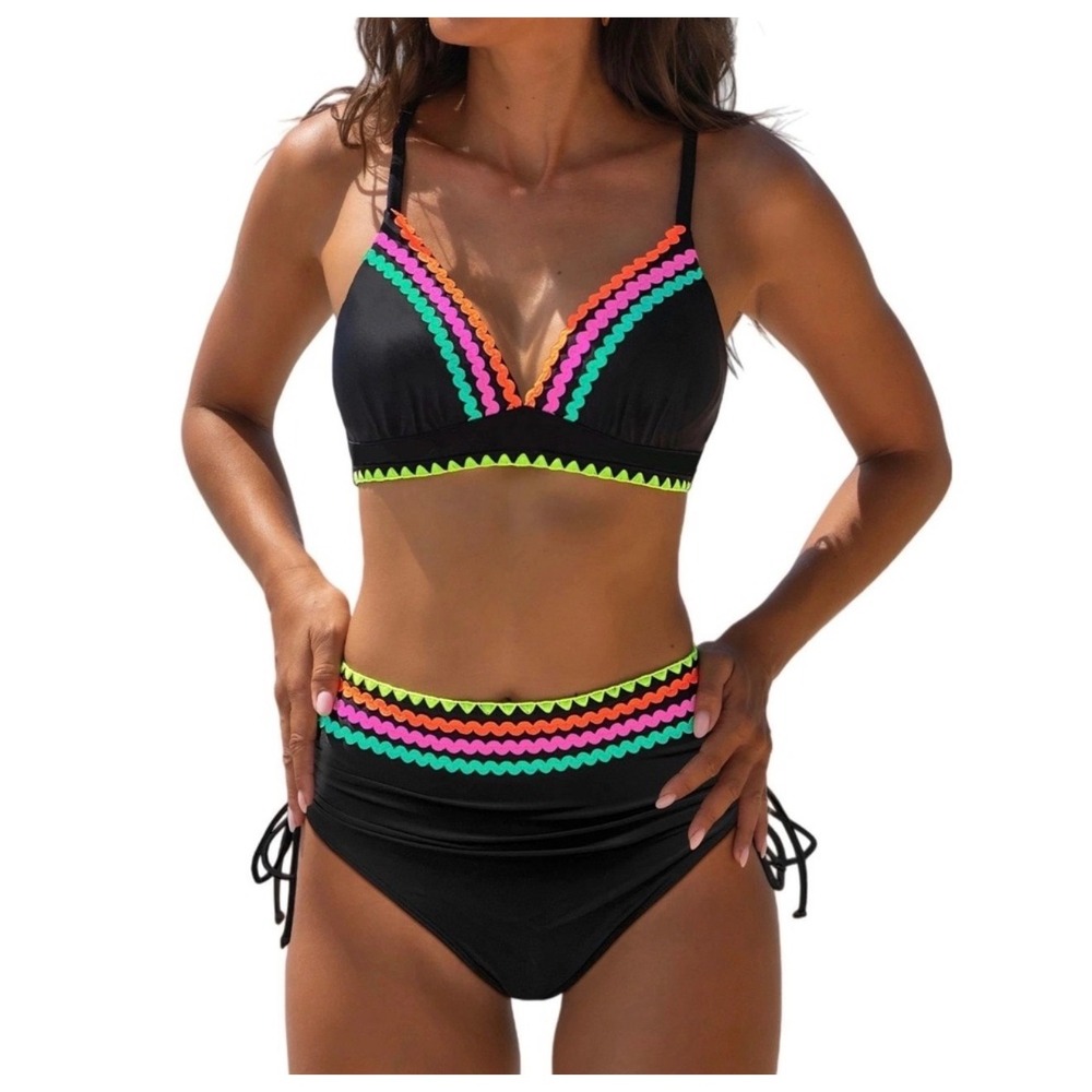 NWT Popvil Black Neon Scallop Trim High Waisted Tie Side Bikini Set Small